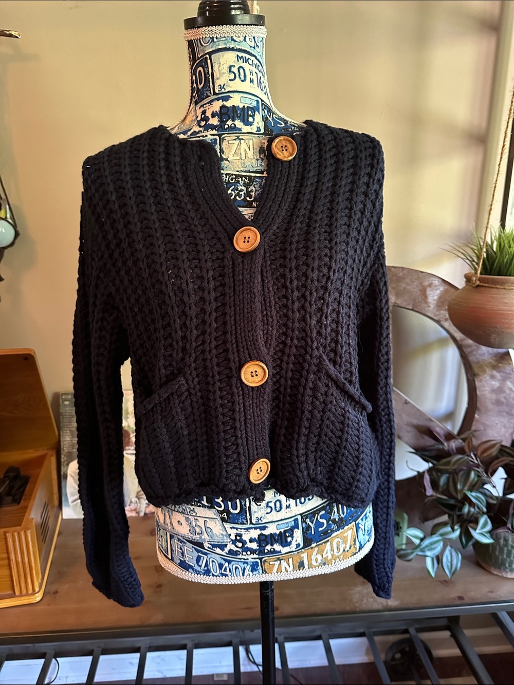 Navy Chunky Cable Knit Button-Front Sweater